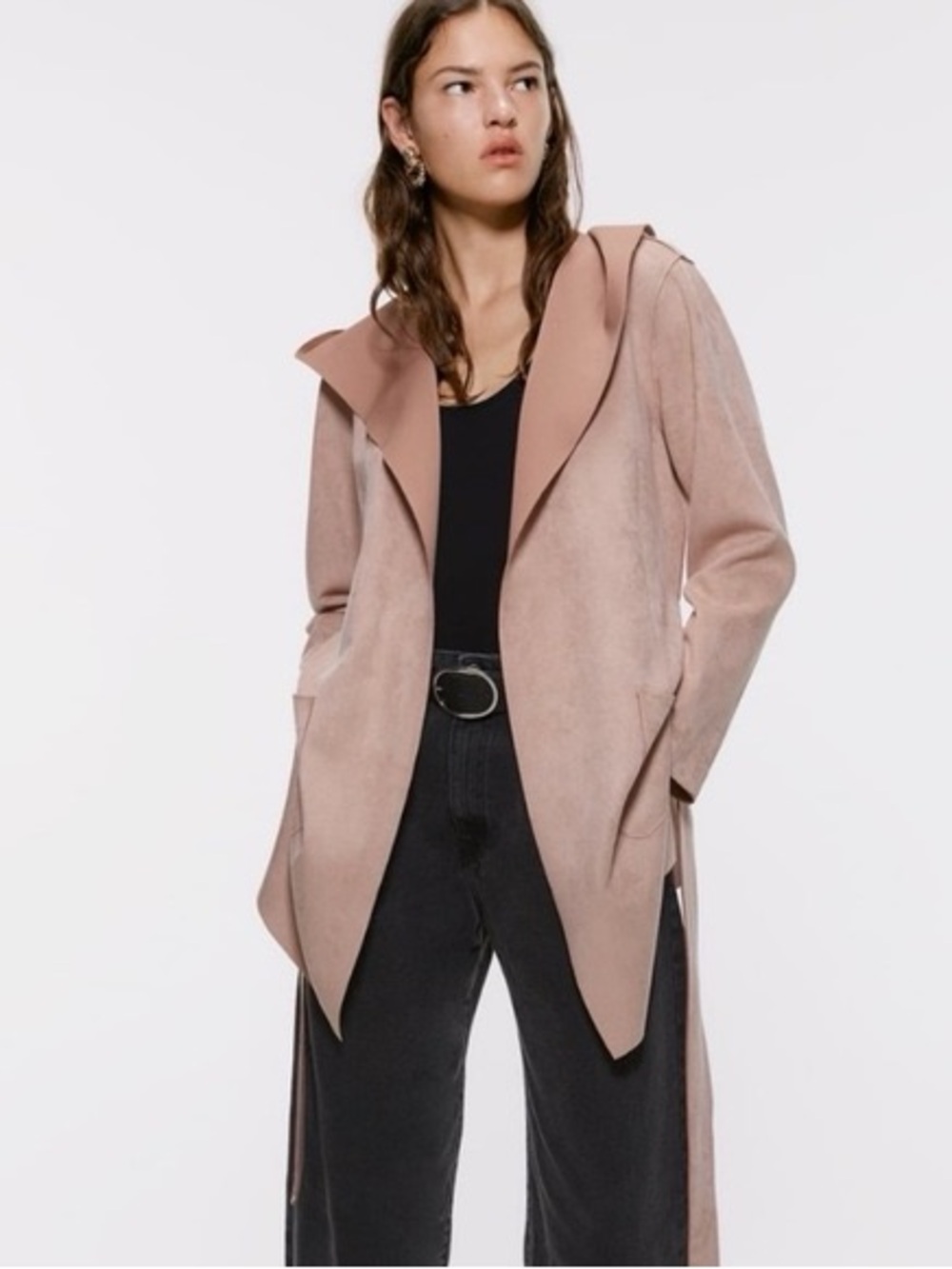 Zara Blush Pink Open-Front Hooded Trench Coat